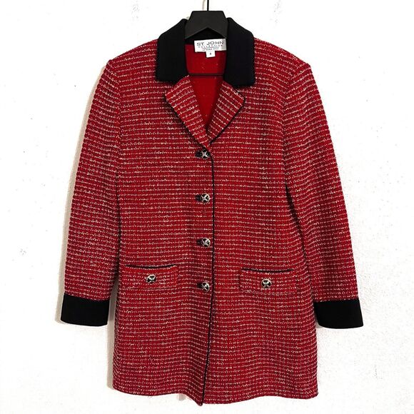 ST. JOHN Jacket Blazer COLLECTION Marie Gray Red/Gold Knit Top Size 4
